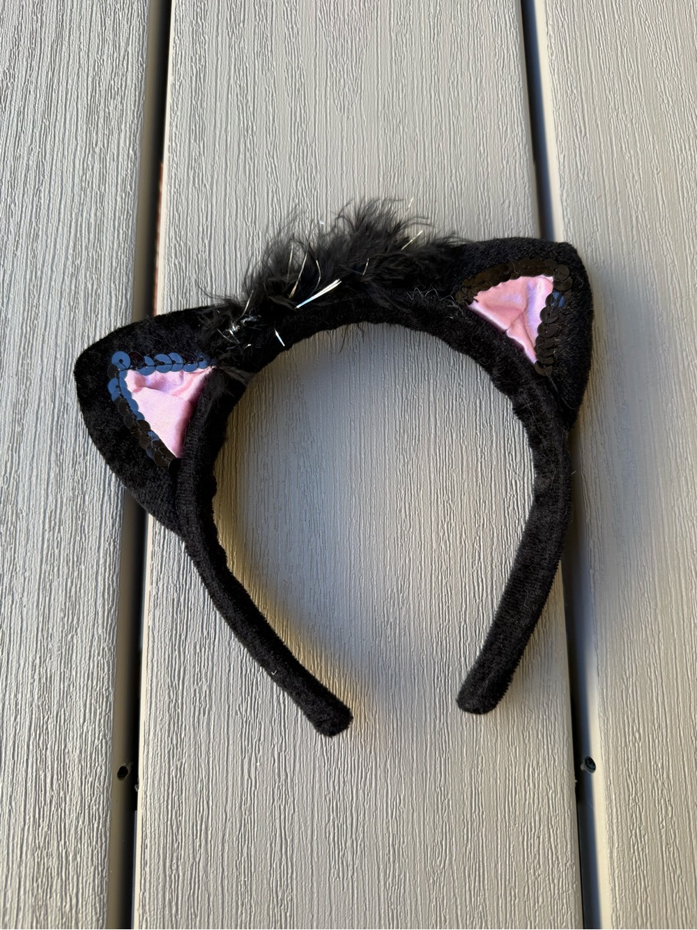 Black Cat Ear Headband Pink Sequin Feather Halloween Costume Accessory